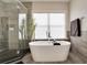 Bathroom featuring a freestanding tub, a modern shower, and a stylish towel rack at 9629 Silent Hills Ln, Lone Tree, CO 80124