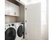 Laundry room features modern appliances and white cabinetry above the washer and dryer at 6303 Elmira St, Denver, CO 80238