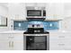 Modern kitchen featuring stainless steel appliances, blue subway tile backsplash, and white cabinets at 6500 W 32Nd Ave, Wheat Ridge, CO 80033