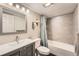 This bathroom has a shower/tub combo and vanity with light gray cabinets at 8095 E Colorado Ave # 5, Denver, CO 80231