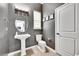 Powder room features stylish pedestal sink, contemporary toilet, and tiled floor at 6801 S Valleyhead Ct, Aurora, CO 80016