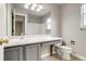 Bright bathroom featuring a modern vanity, toilet, and large mirror at 9737 Canberra Ct, Highlands Ranch, CO 80130