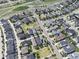 High-angle view of a residential community, displaying homes, streets, and community green spaces at 5434 N Xenia St, Denver, CO 80238