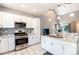 Well-lit kitchen featuring white cabinets, granite countertops, stainless steel appliances, and a mosaic tile backsplash at 5033 Goshawk Ct, Brighton, CO 80601