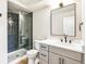 Modern bathroom with a glass-enclosed shower, light gray vanity, and an updated mirror at 725 S Alton Way # 9C, Denver, CO 80247