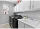 Functional laundry room with modern washer/dryer, a sink, and ample cabinet space for storage solutions at 6577 S Kewaunee Way, Aurora, CO 80016