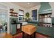 Charming kitchen with green cabinets, butcher block island, and bright natural light at 747 N Downing St, Denver, CO 80218