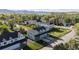 An aerial shot of the neighborhood showing well-kept homes and mountain views at 919 Russell St, Golden, CO 80401