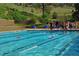 Outdoor swimming pool with swimmers and lifeguards surrounded by lush greenery at 2398 Bitterroot Ln, Golden, CO 80401