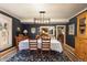 Formal dining room featuring blue textured wallpaper, wood floors, and modern chandelier at 102 S High St, Breckenridge, CO 80424