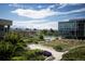 Aerial view showcasing lush landscaping, walkways, and a pool surrounded by modern architecture buildings at 4200 W 17Th Ave # 611, Denver, CO 80204