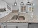 Close up of a modern kitchen island with a stainless steel sink and granite countertops at 950 Avena Ct, Elizabeth, CO 80107