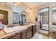 Bathroom featuring double sinks, a large mirror, and a walk-in shower with a tub at 2115 Coach House Loop, Castle Rock, CO 80109