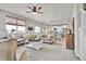 Open and airy living room with plush sofas and a view into the kitchen at 20727 Park Hollow Dr, Parker, CO 80138