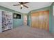 Bedroom with built-in shelving, a large closet, neutral carpet, and green-painted walls at 4688 Cedar Glen Pl, Castle Rock, CO 80109