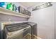 Modern laundry room with grey front-loading machines, storage shelves, and a 'Laundry' sign at 529 Olympia Ave, Longmont, CO 80504