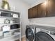 Laundry room with front-load washer and dryer, upper cabinets, and shelving at 6244 N Lisbon St, Aurora, CO 80019