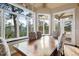Bright dining room with a large table and window seating that offers a beautiful view at 30082 Troutdale Ridge Rd, Evergreen, CO 80439