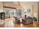 Spacious living room with a fireplace, large windows, hardwood floors, and high ceilings at 30082 Troutdale Ridge Rd, Evergreen, CO 80439