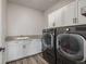 Functional laundry room with modern washer/dryer, ample counter space, and storage cabinets at 3256 Offbeaten Pl, Castle Rock, CO 80108