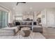 Open-concept living room flowing into a kitchen with a large gray sectional sofa at 3256 Offbeaten Pl, Castle Rock, CO 80108