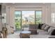 Cozy living room featuring a comfortable gray sofa with backyard view at 3256 Offbeaten Pl, Castle Rock, CO 80108