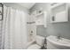 Bathroom with a shower and tub combination, toilet, white sink, and medicine cabinet at 113 Oakdale Dr, Palmer Lake, CO 80133