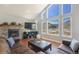 Bright living room with vaulted ceiling, stone fireplace, and scenic mountain view at 113 Oakdale Dr, Palmer Lake, CO 80133