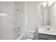 Clean bathroom featuring a shower-tub combination, toilet, and vanity with a sink at 3226 Belleville Ridge Rd, Elizabeth, CO 80107