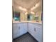 Bathroom featuring double sink, ample lighting, and modern tile flooring at 18073 E Belleview Pl, Centennial, CO 80015