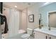 Clean basement bathroom, white vanity, shower/tub combo at 2804 W 53Rd Ave, Denver, CO 80221