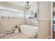 Modern bathroom with a freestanding tub, stylish patterned tile floor, and a decorative light fixture at 4121 S Allison St, Denver, CO 80235