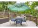 Outdoor wooden deck featuring a dining table, chairs, a grill, and shaded by a large umbrella at 912 S Galena St, Aurora, CO 80247