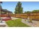Well-maintained backyard with a covered deck, lush lawn, and a tall wooden fence at 8432 S Upham Way, Littleton, CO 80128
