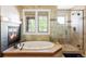Luxurious bathroom showcasing soaking tub, walk-in shower, and cozy fireplace at 1143 S Saint Paul St, Denver, CO 80210