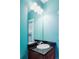 A bright turquoise powder bath with modern vanity and a large mirror at 1143 S Saint Paul St, Denver, CO 80210