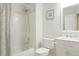 Bathroom featuring a shower-tub combination, a white vanity, and modern fixtures at 17623 Cornish Pl, Parker, CO 80134