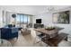 Living room featuring a blue sofa, dining room, and great views from balcony at 1020 15Th St # 9N, Denver, CO 80202