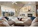 Bright living room with a stone fireplace, vaulted ceilings, and floor-to-ceiling windows at 108 Castle Pines N Dr, Castle Rock, CO 80108