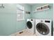 Modern laundry room featuring brand new machines, ample shelving and a window at 19120 E Pacific Pl, Aurora, CO 80013