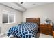 This cozy bedroom offers natural light and includes a blue patterned comforter at 741 Green Mountain Dr, Erie, CO 80516