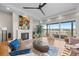 Open living room with a fireplace, hardwood floors, views and stylish decor at 741 Green Mountain Dr, Erie, CO 80516