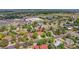 Aerial view of a residential neighborhood surrounded by mature trees, house centered with an arrow on the roof at 960 S Arbutus St, Lakewood, CO 80228