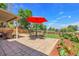 Cozy backyard patio with outdoor seating and a bright red umbrella at 960 S Arbutus St, Lakewood, CO 80228