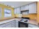 Kitchen with stove and wood countertops at 261 S Newark Cir, Aurora, CO 80012