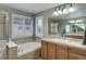 Relaxing bathroom with a soaking tub, tiled walls, and ample natural light at 3070 Redhaven Way, Highlands Ranch, CO 80126