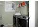 Convenient laundry room featuring modern washer and dryer units and ample shelving at 3070 Redhaven Way, Highlands Ranch, CO 80126