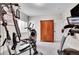 Functional home gym featuring exercise equipment and a large wardrobe for storage at 8829 Animas River St, Littleton, CO 80125