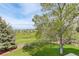 View of the backyard featuring a lush lawn and tree with a tire swing, overlooking the golf course at 23427 Song Bird Hills Pl, Parker, CO 80138