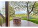 View of the backyard featuring a stone fire pit, lush lawn and tree with a tire swing, overlooking the golf course at 23427 Song Bird Hills Pl, Parker, CO 80138